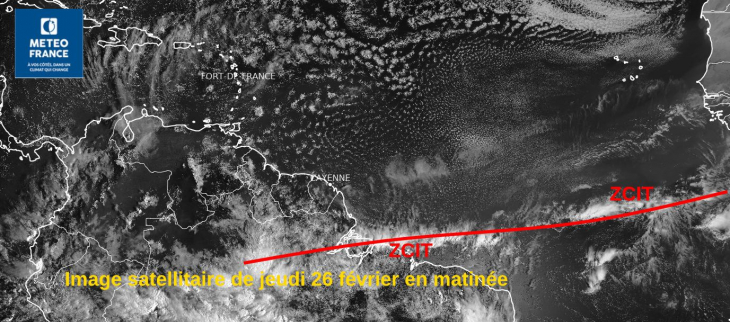 Image satellitaire du  jeudi 26 février en matinée montrant la ZCIT loin au sud de la Guyane
