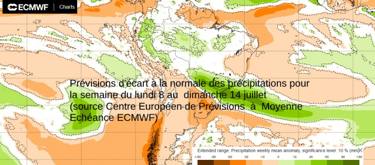 Ecart  à  la normales des cumuls pluvieux prévus pour la semaine du 8 au 14 juillet  (source ECMWF)