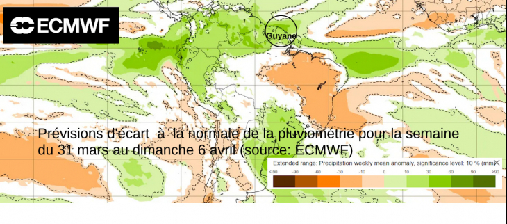 Prévisions d'écart  à la normale de la pluviométrie pour la semaine du 31 mars au 06 avril, signal humide sur la Guyane