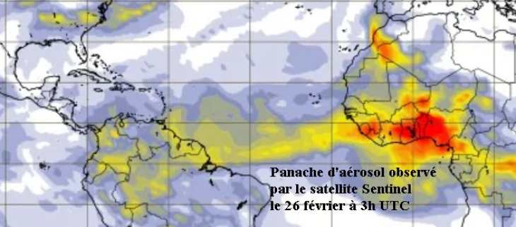 Panache d'aérosol observé le 26/02/2026 par le satellite sentinel