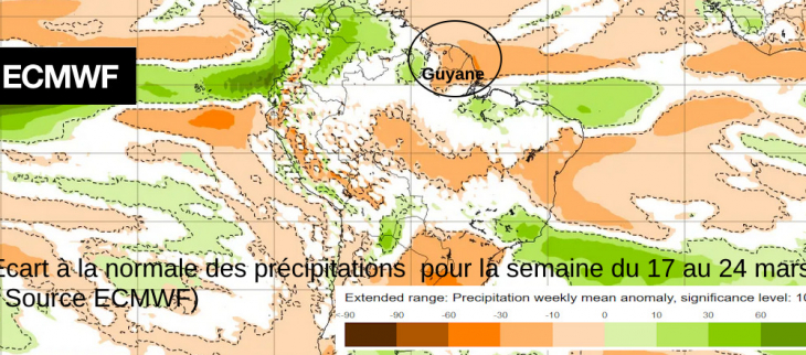 Ecart  à  la normale de la pluviométrie pour la semaine du 17 au 24 mars ( les tons orangés sur la Guyane correspondent  à  une pluviométrie inférieure à  la normale)  