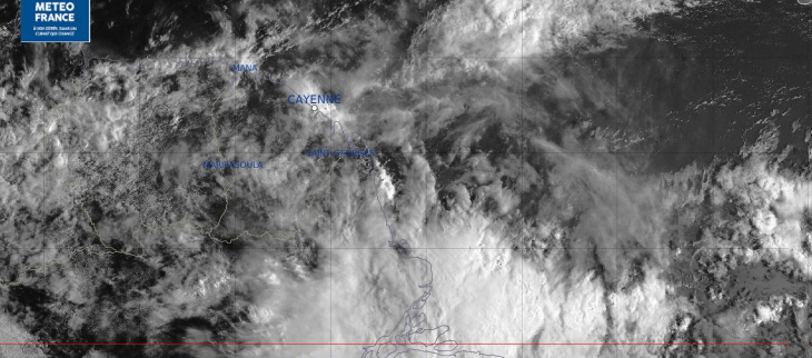 Image satellitaire du lundi 10 mars  à 09h00 (les pluies se focalisent autour de Cayenne)