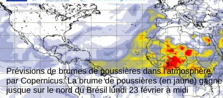 Prévisions de brme de poussières par le programme européen Copernicus pour lundi 23 février  à midi