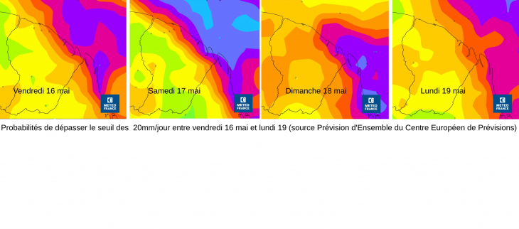 Probabilités de dépasser le seuil des 20mm/ jour entre vendredi 16 et lundi 19 mai (source Prévision d'Ensemble de CEP) Probabilités de dépasser le seuil des 20mm/ jour entre vendredi 16 et lundi 19 mai (source Prévision d'Ensemble de CEP)