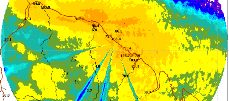 Cumuls pluvieux pour la journée du 13 février (journée la plus pluvieuse du mois sur une large bordure littorale) à partir de l'imagerie radar