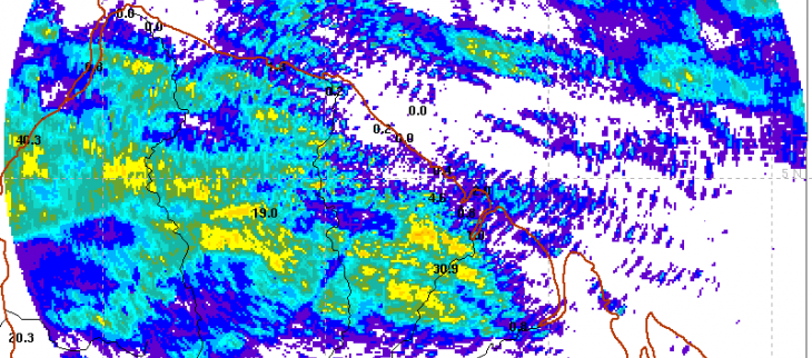 Cumuls de pluies sur  24 heures le  12 Octobre à partir de l'imagerie radar