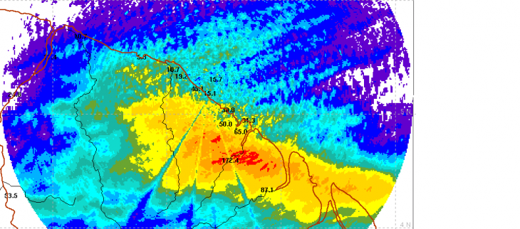 Lame d'eau radar montrant les forts cumuls de pluies observés dans le secteur de Cacao du 06 au 7 février