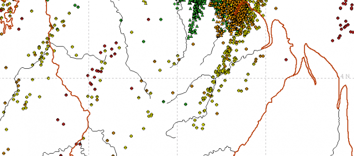 Impacts orageux du 29 juin montrant la forte activité orageuse entre Cacao et Cayenne le  29 juin en soirée.