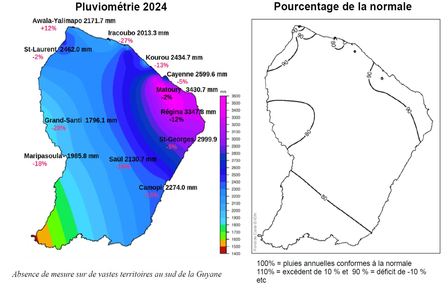 Carte pluviométrie annuelle et pourcentage de la normale