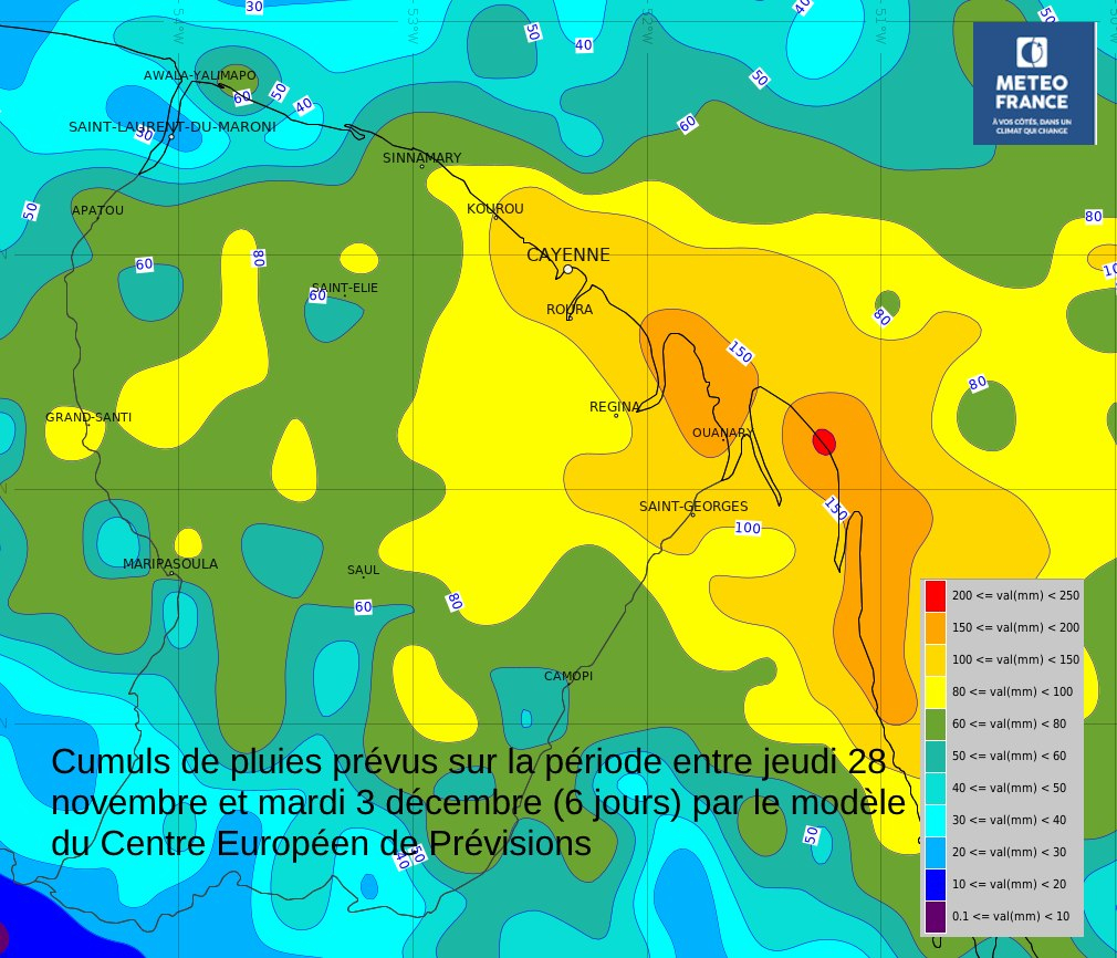 Cumuls de pluies prévus sur la période de 6 jours entre jeudi 28 novembre et mardi 3 décembre par le modèle du Centre Européen de Prévisions