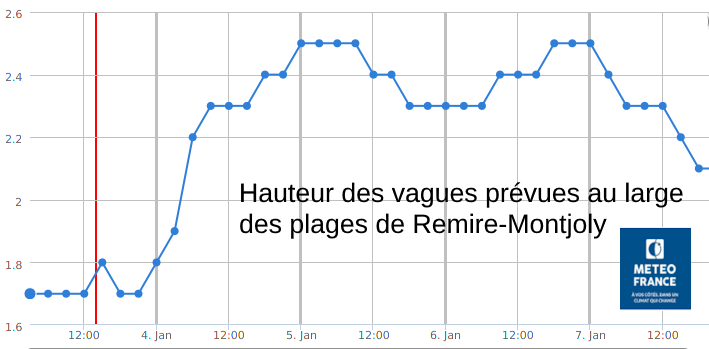 Hauteur  des vagues prévues au large des plages de remire-Montjoly entre samedi 4 janvier et mardi 7 janvier par le modèle du Centre Européen de Prévisions