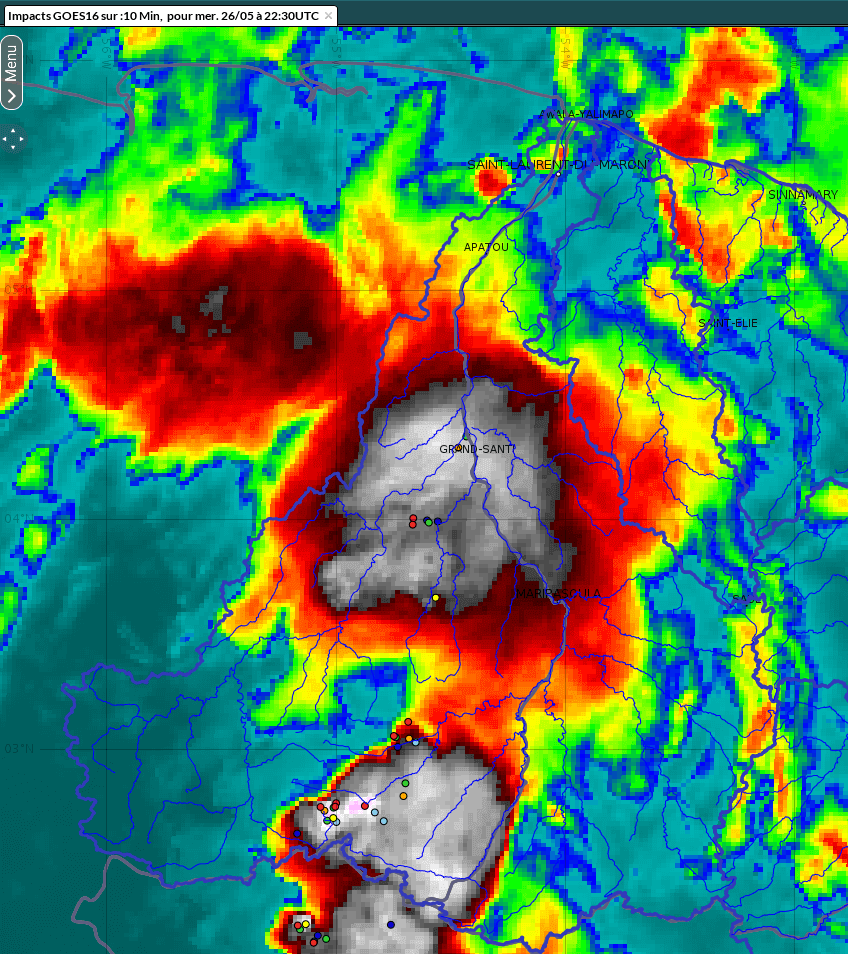 Supercellules orageuses centrées sur Grand-Santi et l'extrème sud du bassin coté Surinam dans la soirée du 26 mai.