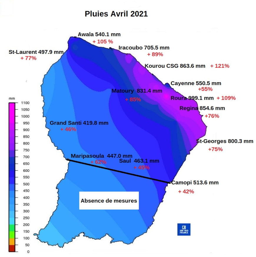 Carte pluies mensuelles en Guyane - Avril 2021