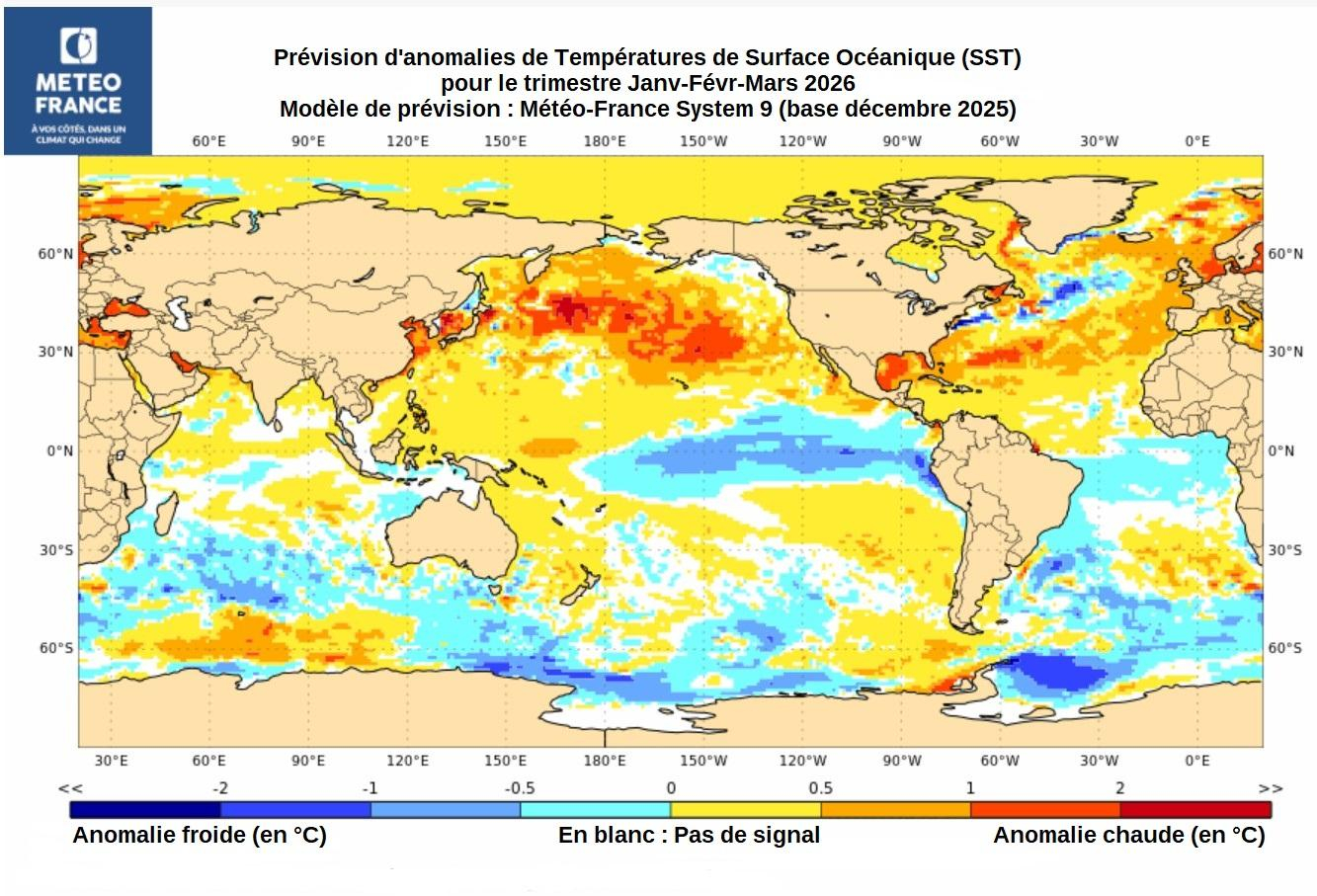 Carte d'anomalies de SST pour le trimestre Janv-Févr-Mars 2026