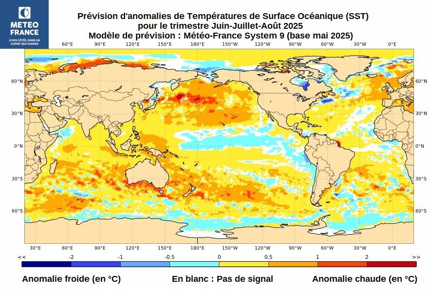 Carte de prévision d'anomalies de SST pour le trimestre Juin-Juillet-Août 2025