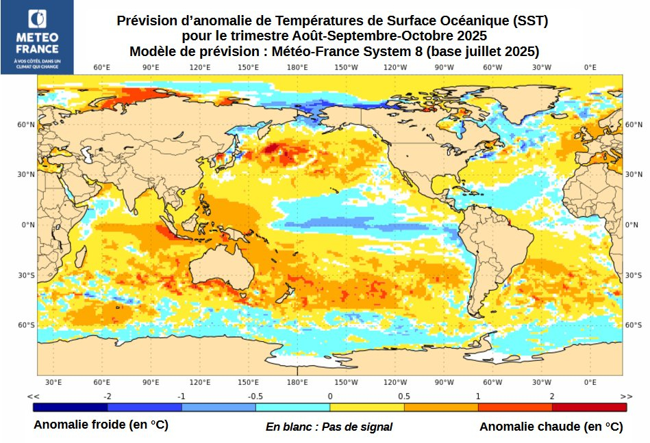 Carte de prévision d'anomalies de SST pour le trimestre ASO 2025 Carte de prévision d'anomalies de SST pour le trimestre ASO 2025
