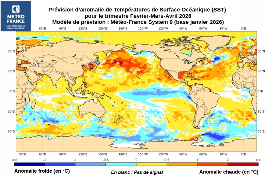 Carte de prévision d'anomalies de SST pour le trimestre FMA 2026