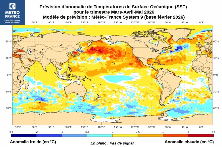 Carte de prévision d'anomalies de SST pour le trimestre MAM 2026