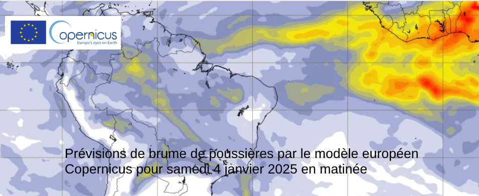 Prévisions de brume de poussières pour samedi 4 janvier en matinée par le modèle européen Copernicus. 