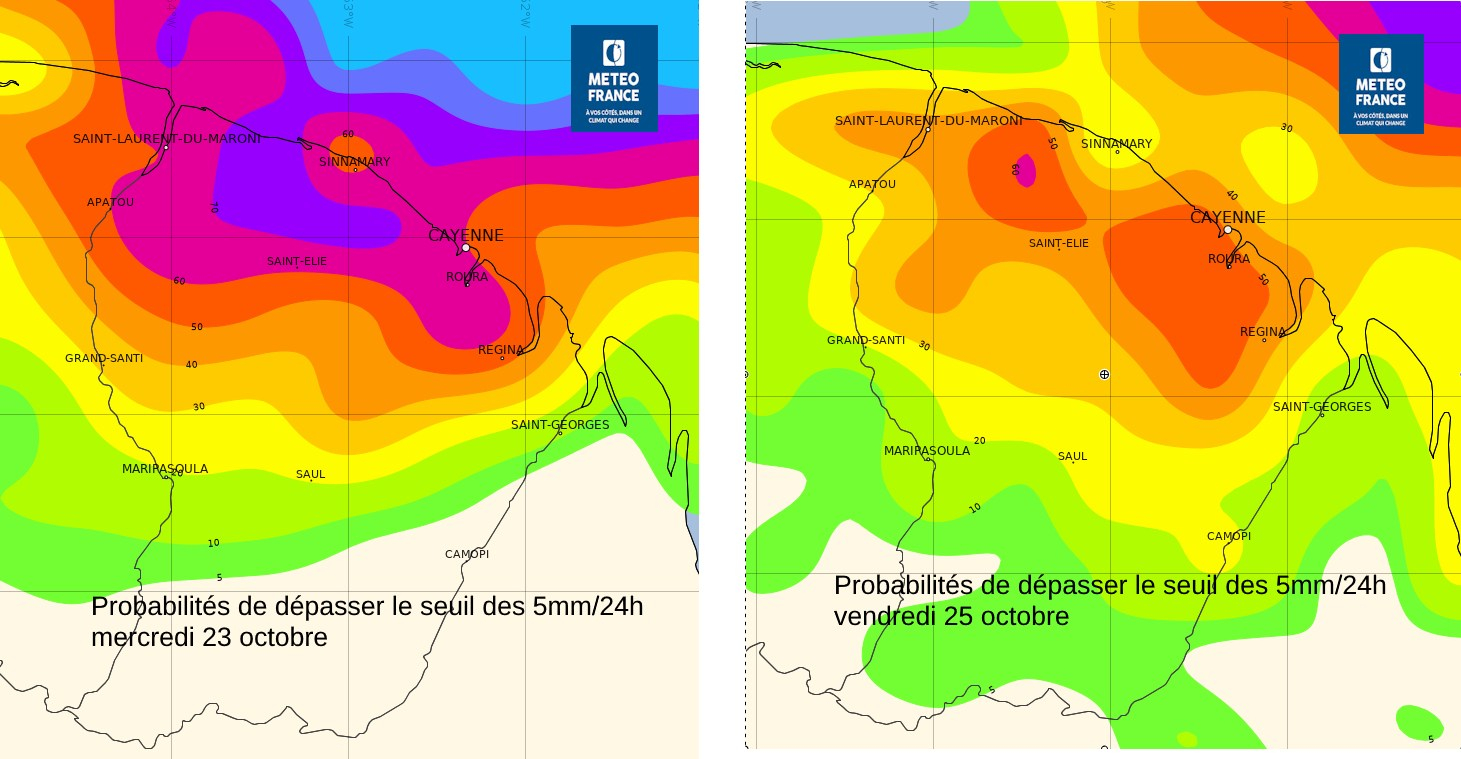 Probabilités de dépasser le seuil des 5mm en 24 heures pour les journées de mercredi 23 et vendredi 25 octobre (prévision d'ensemble du centre Européen de Prévisions)re