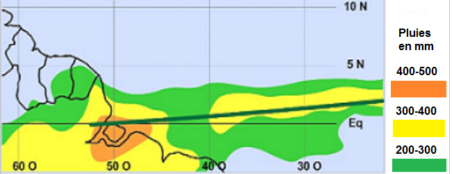A l'echelle régionale, on peut constater que les pluies sont plus abondantes en mars au niveau de l'équateur et plus précisémment vers l'embouchure de l'Amazone. 